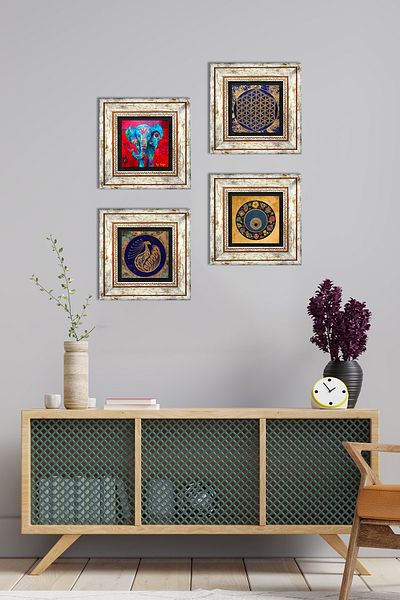 Pinecone Elefant, Păun, Floarea Vieții, Piatra Răului Rău Pictură de perete înrămată Decor de perete Set 4 bucăți TK4-315