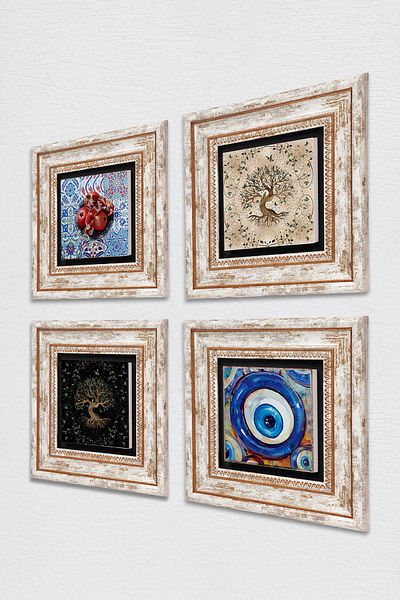 Pinecone Evil Eye, Tree of Life, Pomegranate Stone Wall Painting Framed Wall Decor 4 Piece Painting Set Tk4-1551