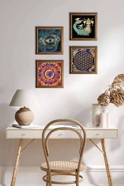 Pinecone Mandala, Evil Eye, Flower of Life, Shahmeran Stone Wall Painting with Wooden Frame Wall Decor Painting W4-786
