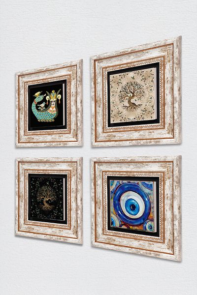 Pinecone Evil Eye, Shahmeran, Tree of Life Stone Wall Painting Framed Wall Decor 4 Piece Table Set TK4-1552