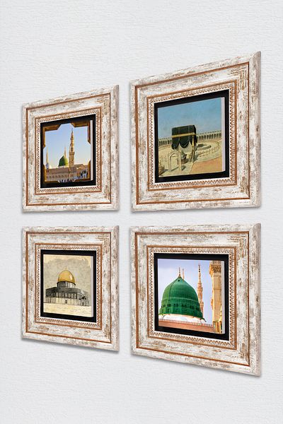 Pinecone Kaaba-I Muazzama, Masjid-I Aqsa, Ravza-I Mutahhara Stone Wall Painting Framed Wall Decoration 4-Piece Painting
