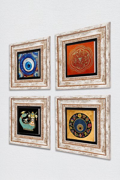 Pinecone Sri Yantra, Evil Eye, Shahmeran Stone Wall Painting Framed Wall Decor 4 Piece Painting Set Tk4-1212