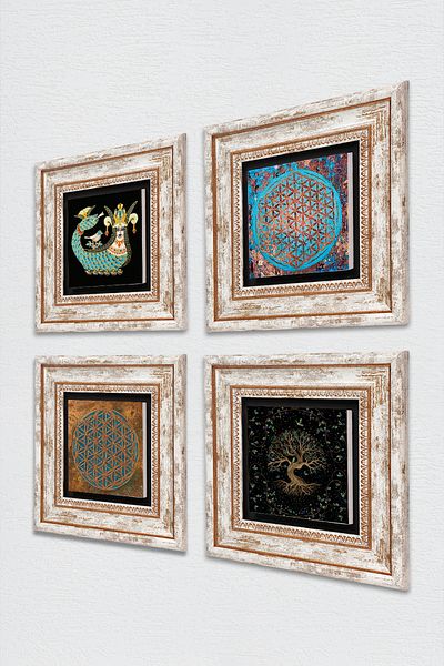 Pinecone Flower of Life, Tree of Life, Shahmeran Stone Wall Painting Framed Wall Decor 4-Piece Table Set Wall Art