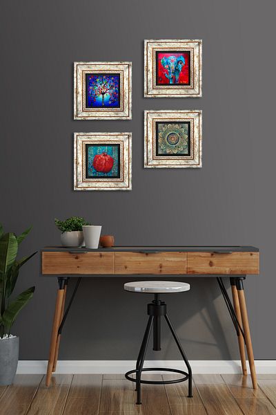 Pinecone Mandala, Elephant, Tree of Life, Pomegranate Stone Wall Painting Framed Wall Decor 4 Piece Painting Set Tk4-869