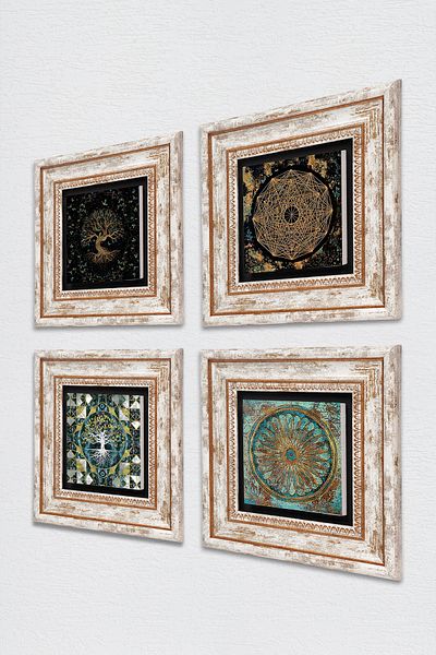 Pinecone Sri Yantra, Flower of Life, Tree of Life Stone Wall Painting Framed Wall Decor 4 Piece Set Tk4-727