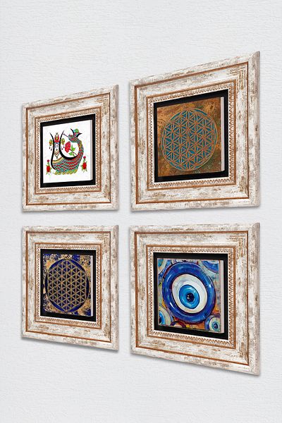 Pinecone Evil Eye, Flower of Life, Shahmeran Stone Wall Painting Framed Wall Decor 4 Piece Painting Set Tk4-1588