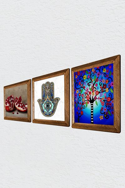 Pinecone Δέντρο της Ζωής, Ρόδι, Χεράκι της Φατμάς (Χάμσα) Πέτρινη Ζωγραφική Τοίχων με Ξύλινο Πλαίσιο Διακόσμηση Τοίχου Ζωγραφική W3-726
