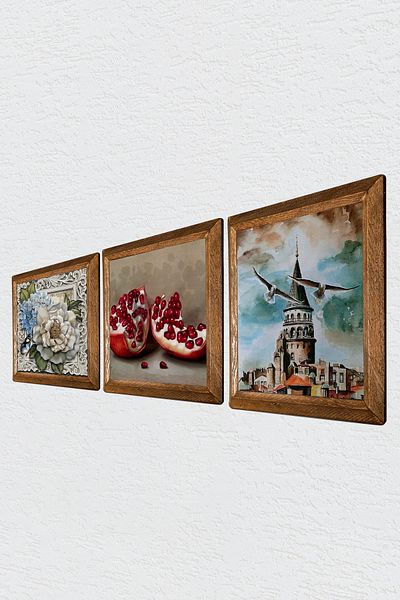 Pinecone Istanbul Galata Tower, Butterfly Flower, Pomegranate Stone Wall Painting with Wooden Frame Wall Decor W3-1144
