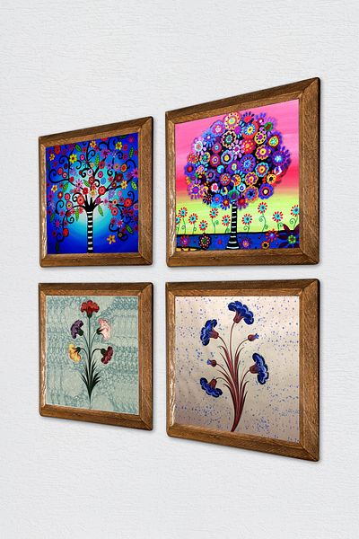 Pinecone Marbling Art, Tree of Life Stone Wall Painting with Wooden Frame Wall Decor 4 Piece Painting Set Wall Art