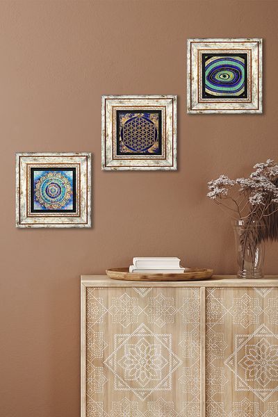 Pinecone Mandala, Evil Eye, Flower of Life Stone Wall Painting Framed Wall Decor 3 Piece Painting Set Wall Art