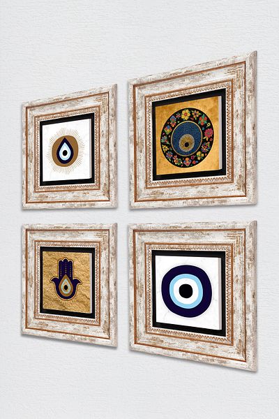 Pinecone Fatma Mother Hand (Hamsa), Nazar Stone Wall Painting Framed Wall Decor 4 Piece Painting Set Tk4-1857