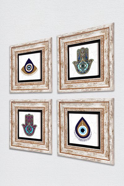 Pinecone Evil Eye, Fatma Mother Hand (Hamsa) Stone Wall Painting Framed Wall Decor 4 Piece Painting Set Tk4-1466