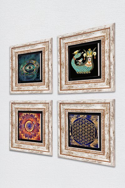 Pinecone Mandala, Evil Eye, Flower of Life, Shahmeran Stone Wall Painting Framed Wall Decor 4 Piece Set TK4-786
