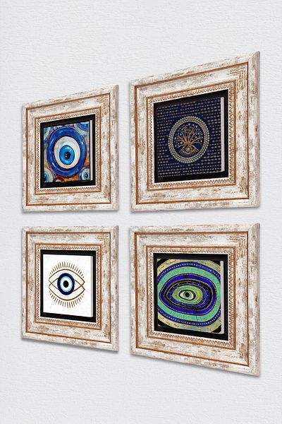 Pinecone Evil Eye Stone Wall Painting Framed Wall Decor 4 Piece Painting Set Wall Art Tk4-1251