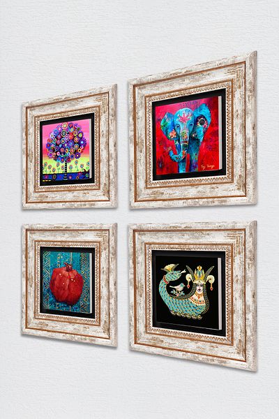 Pinecone Elephant, Tree of Life, Shahmeran, Pomegranate Stone Wall Painting Framed Wall Decor 4 Piece Painting Set Tk4-856