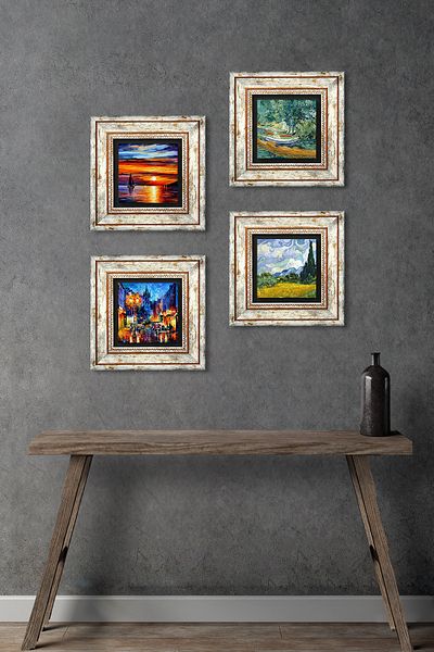 Pinecone Van Gogh, Seascape, Street Landscape Stone Wall Painting Framed Wall Decor Set of 4 Tk4-1897