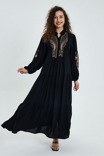 AYASOFYA OTANTIK Rochie de damă, broderie din folie neagră, brodata cu nasturi, guler cu mâneci lungi, etnică, autentică