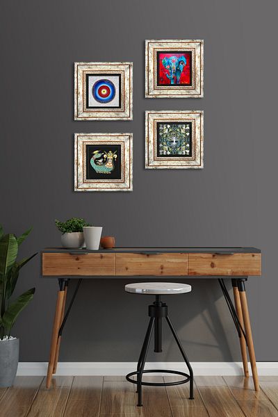 Pinecone Evil Eye, Arborele Vieții, Elefant, Şahmeran Pictură pe perete cu cadru Decor de perete Set de 4 picturi TK4-910