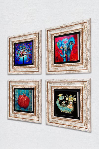 Pinecone Elephant, Tree of Life, Shahmeran, Pomegranate Stone Wall Painting Framed Wall Decor 4 Piece Painting Set Tk4-857