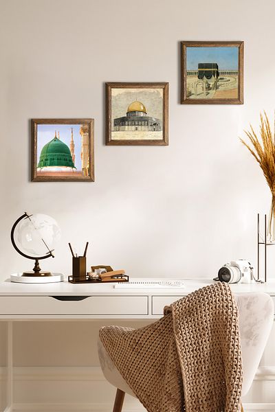 Pinecone Kaaba-I Muazzama, Masjid-I Aqsa, Ravza-I Mutahhara Stone Wall Painting with Wooden Frame Wall Decor