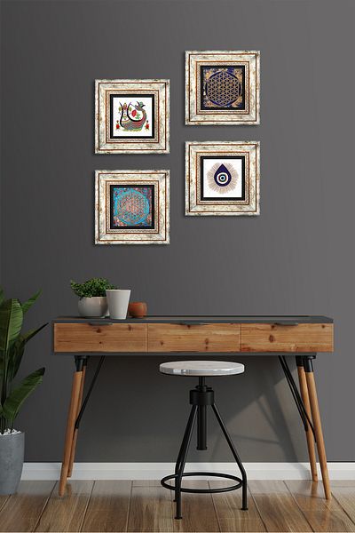 Pinecone Evil Eye, Flower of Life, Shahmeran Stone Wall Painting Framed Wall Decor 4 Piece Table Set TK4-1414