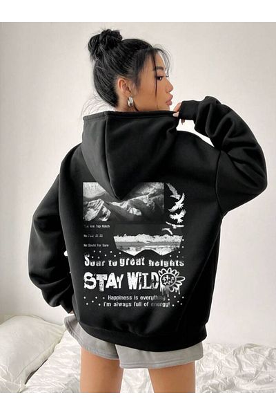 Elvino Черен суитшърт с качулка и щампа Stay Wild
