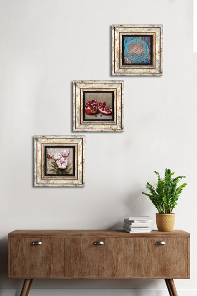 Pinecone Floarea vieții, Floarea Fluturei, Pictură pe perete din piatră de rodie Decor de perete înrămat Set de picturi din 3 piese TK3-1250
