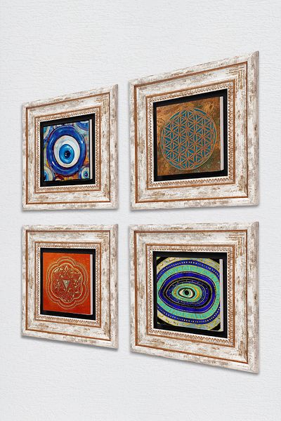 Pinecone Flower of Life, Evil Eye, Sri Yantra Stone Wall Painting Framed Wall Decor 4 Piece Painting Set Tk4-1261