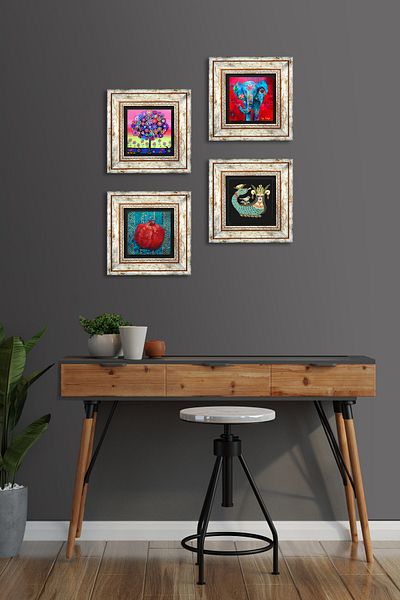 Pinecone Elephant, Tree of Life, Shahmeran, Pomegranate Stone Wall Painting Framed Wall Decor 4 Piece Painting Set Tk4-856