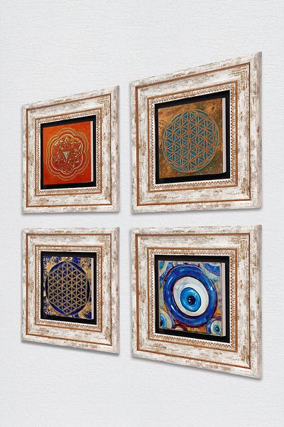 Pinecone Evil Eye, Flower of Life, Sri Yantra Stone Wall Painting Framed Wall Decor 4 Piece Painting Set Tk4-1592