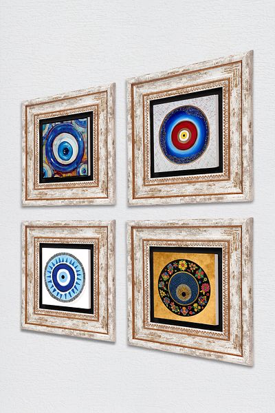 Pinecone Pictură pe perete cu piatră cu ochi rău Decor de perete înrămat Set de pictură din 4 piese Artă de perete TK4-1233