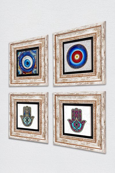 Pinecone Evil Eye, Fatma Mother Hand (Hamsa) Stone Wall Painting Framed Wall Decor 4 Piece Painting Set Tk4-1245