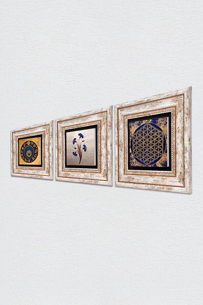 Pinecone Marbling Art, Flower of Life, Evil Eye Stone Wall Painting Framed Wall Decor Set of 3 Paintings Tk3-377