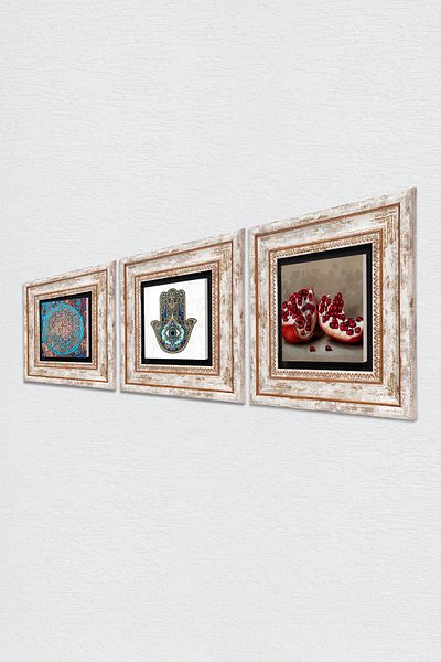 Pinecone Flower of Life, Pomegranate, Fatma Mother Hand (Hamsa) Stone Wall Painting Framed Wall Decor Set of 3 Tk3-314