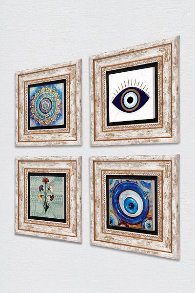 Pinecone Evil Eye, Marbling Art, Mandala Stone Wall Painting Framed Wall Decor 4 Piece Painting Set Tk4-1660
