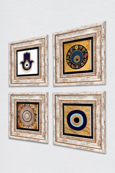 Pinecone Fatma Mother Hand (Hamsa), Mandala, Evil Eye Stone Wall Painting Framed Wall Decor 4 Piece Set Tk4-1843