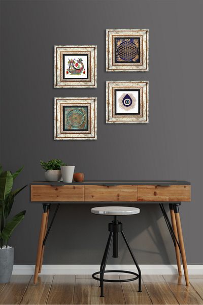 Pinecone Evil Eye, Flower of Life, Shahmeran Stone Wall Painting Framed Wall Decor 4 Piece Painting Set Tk4-1413