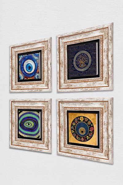 Pinecone Pictură pe perete cu piatră cu ochi rău Decor de perete înrămat Set de pictură 4 piese Artă de perete TK4-1224