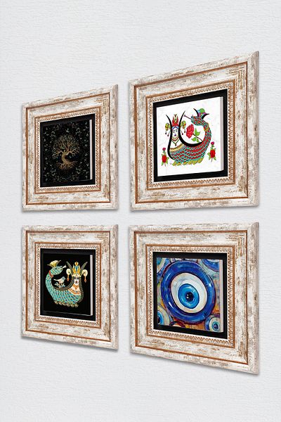 Pinecone Evil Eye, Tree of Life, Shahmeran Stone Wall Painting Framed Wall Decor 4 Piece Painting Set Tk4-1517