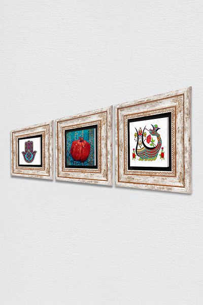Pinecone Fatma Ana Hand (Hamsa), Şahmeran, Pictură pe perete cu piatră de rodie Decor de perete înrămat Set 3 piese TK3-182