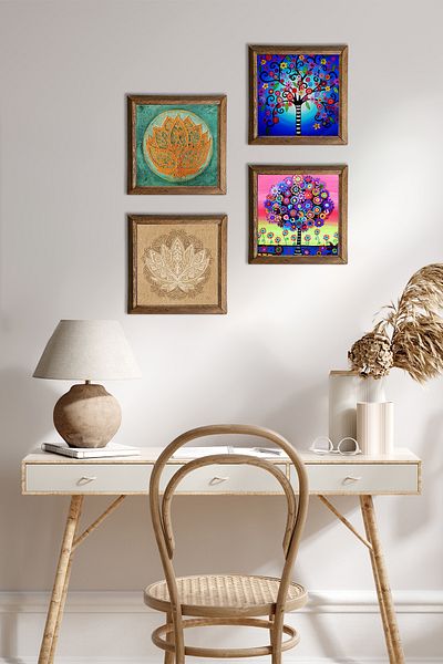 Pinecone Floarea Lotusului, Arborele Vieții Pictură pe perete din piatră cu cadru din lemn Decor de perete Set de pictură 4 piese W4-675