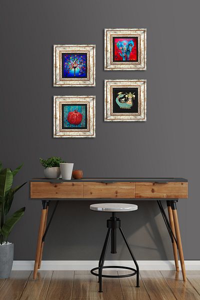 Pinecone Elephant, Tree of Life, Shahmeran, Pomegranate Stone Wall Painting Framed Wall Decor 4 Piece Painting Set Tk4-857