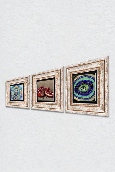 Pinecone Mandala, Evil Eye, Pomegranate Stone Wall Painting Framed Wall Decor 3 Piece Painting Set Wall Art Tk3-1679
