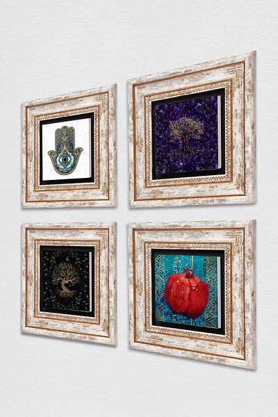 Pinecone Tree of Life, Pomegranate, Fatma Mother Hand (Hamsa) Stone Wall Painting Framed Wall Decor Set of 4 Tk4-1167