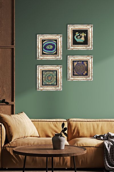 Pinecone Mandala, Evil Eye, Flower of Life, Shahmeran Stone Wall Painting Framed Wall Decor 4 Piece Set Tk4-780