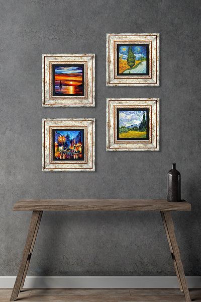 Pinecone Van Gogh, Seascape, Street Landscape Stone Wall Painting Framed Wall Decor Set of 4 Tk4-1896
