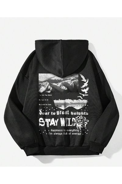Elvino Черен суитшърт с качулка и щампа Stay Wild