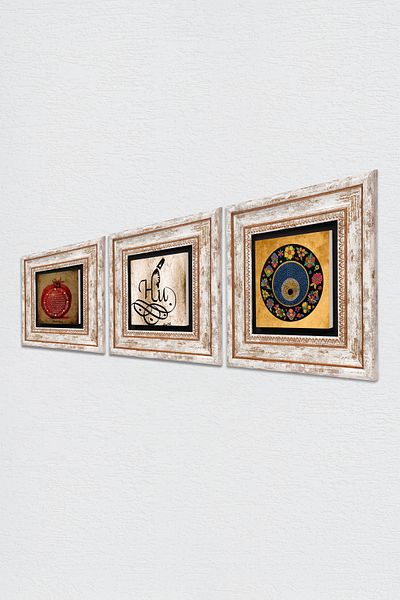 Pinecone Fertility Prayer, Hu, Nazar Stone Wall Painting Framed Wall Decor 3 Piece Painting Set Tk3-292