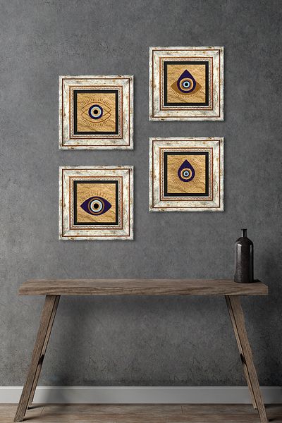 Pinecone Evil Eye Stone Wall Painting Framed Wall Decor 4 Piece Painting Set Wall Art Tk4-1066