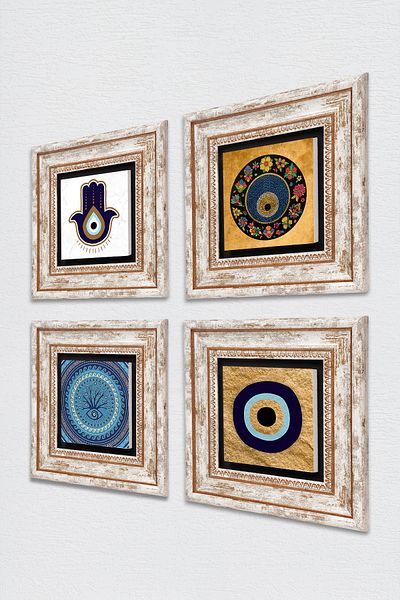 Pinecone Fatma Mother Hand (Hamsa), Evil Eye Stone Wall Painting Framed Wall Decor 4 Piece Painting Set Tk4-1834